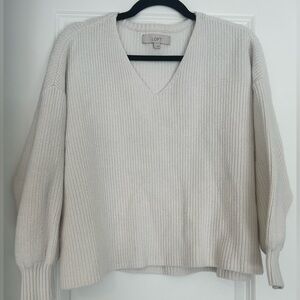 LOFT Cream V-Neck Sweater with Relaxed Fit